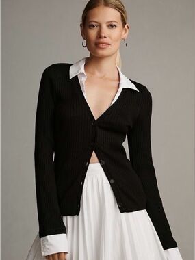 Anthropologie Maeve Black Ribbed Button-Up V-Neck Sweater XL